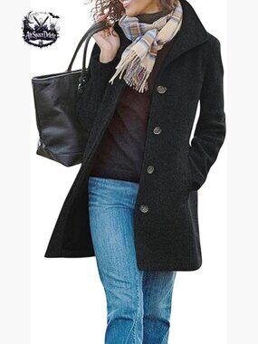 Women's Wool Blend Pea Coat Stand Collar Single Breasted Relaxed Fit